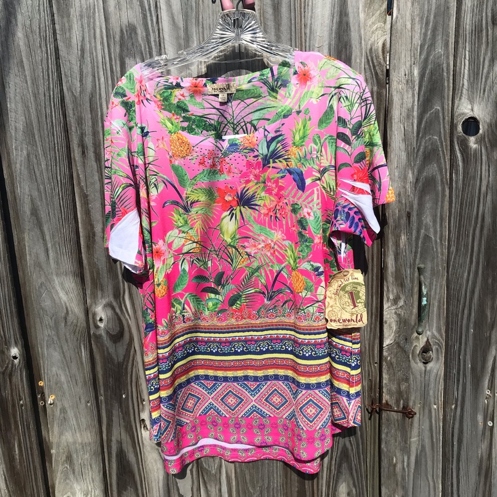 NWT One World fuchsia carrribbean floral design short sleeved 1X